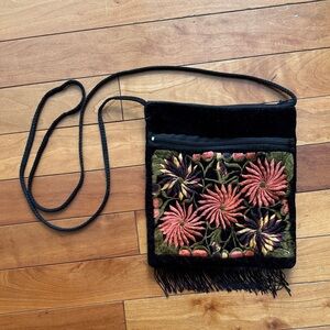 Black Crossbody Bag with Coral Floral Embroidery